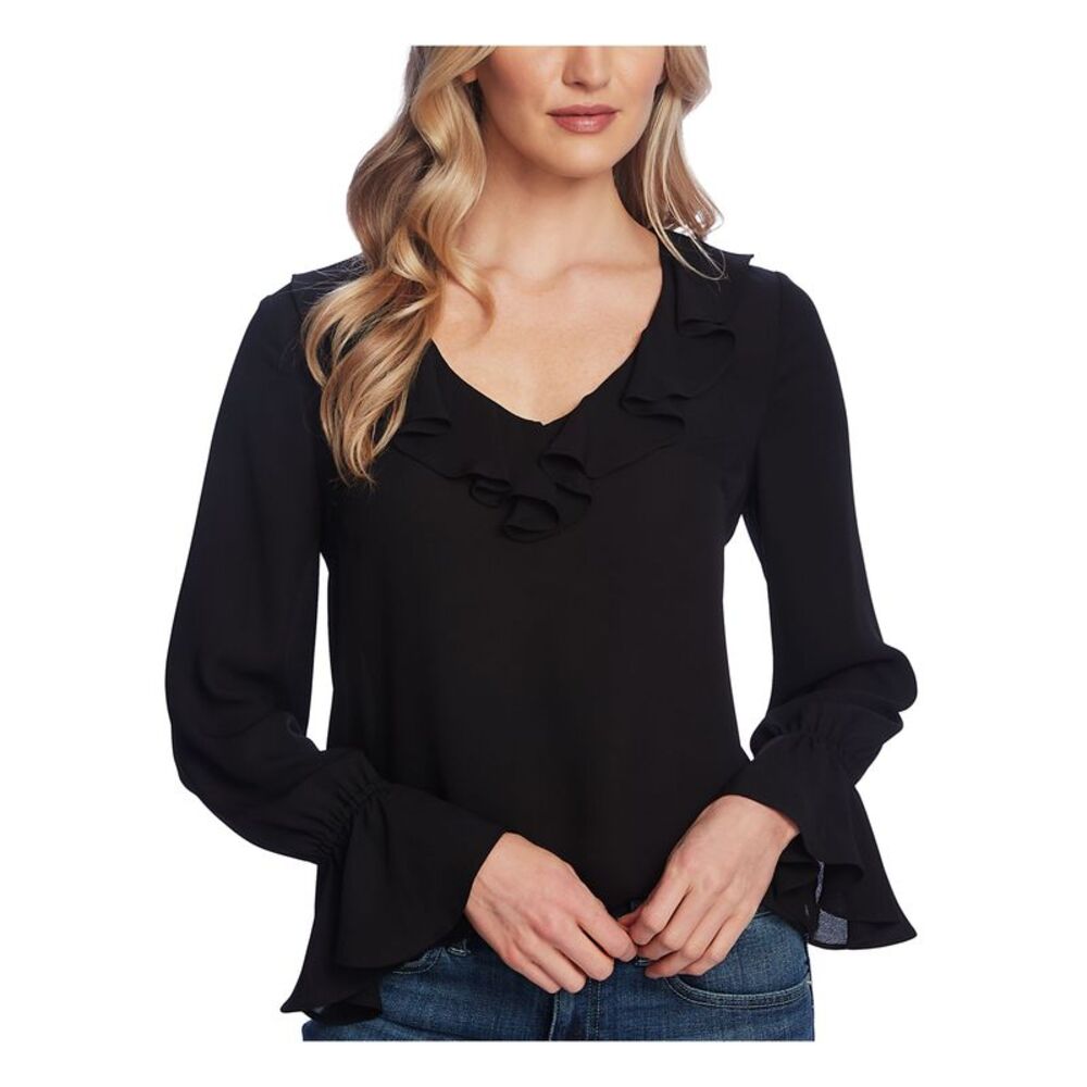 CECE Womens Black Ruffled Long Sleeve V Neck Wear To Work Blouse XS